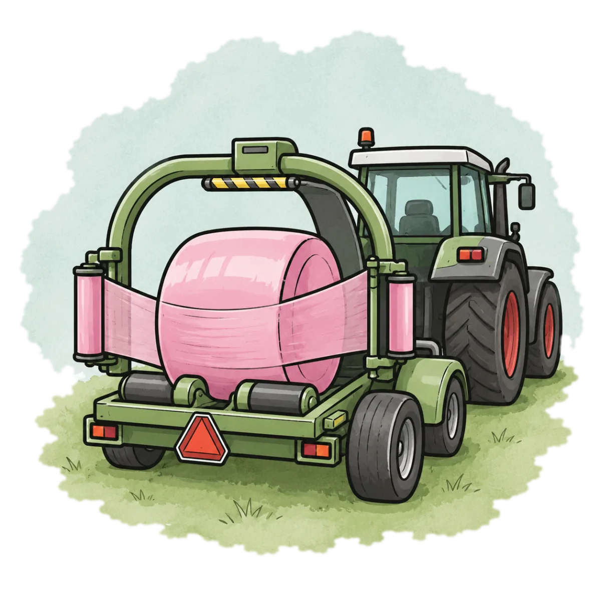 Traktor mit Wickler und rosa eingewickeltem Rundballen
